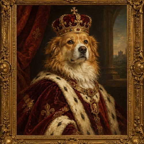 Sir Barks A Lot, a renaissance oil painting of a dog in royal robes