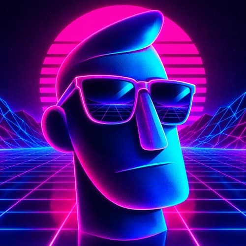 Ok Boomr, a neon synthwave cartoon face