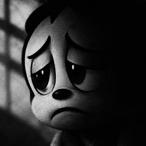 Wojak Later, a grainy black and white cartoon portrait