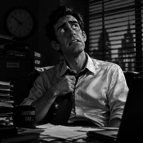 Tax Season Tim, a stressed cartoon office worker